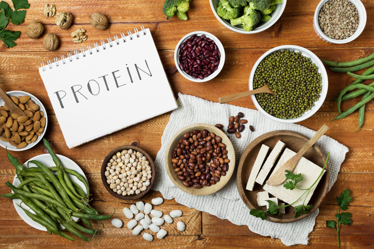 Variedade de alimentos ricos em proteína