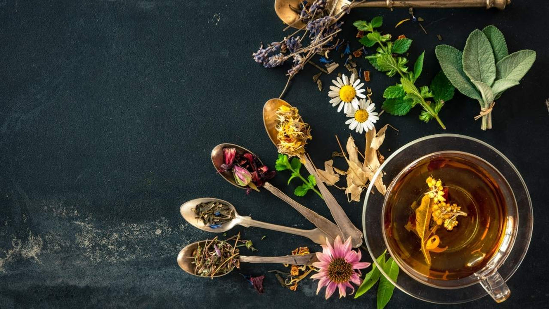 Chá com ervas e flores naturais em colheres