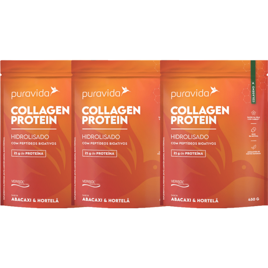 Kit 3 Collagen Protein Abacaxi e Hortelã 450G Puravida