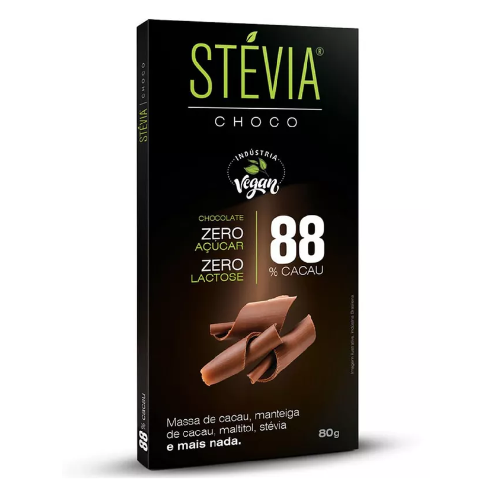 Chocolate Vegano 88% Cacau Stévia 80g Stevia
